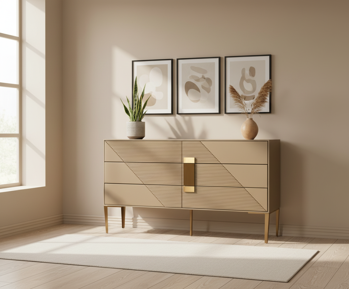 785 taupe geometric cabinet beneath framed prints on brass-tipped legs