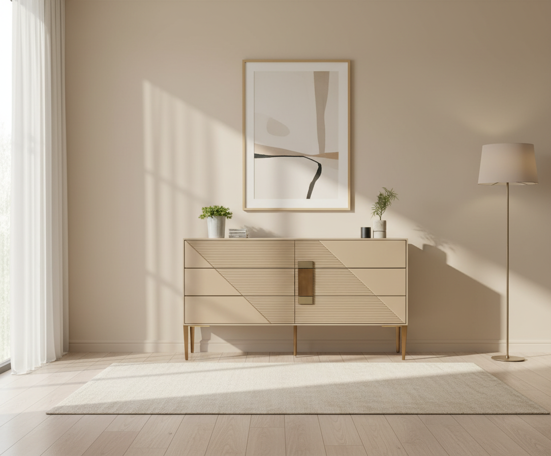 785 taupe geometric cabinet beneath framed prints on brass-tipped legs