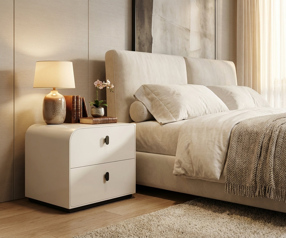 79# cream curved nightstand in a warm bedroom beside a ceramic lamp