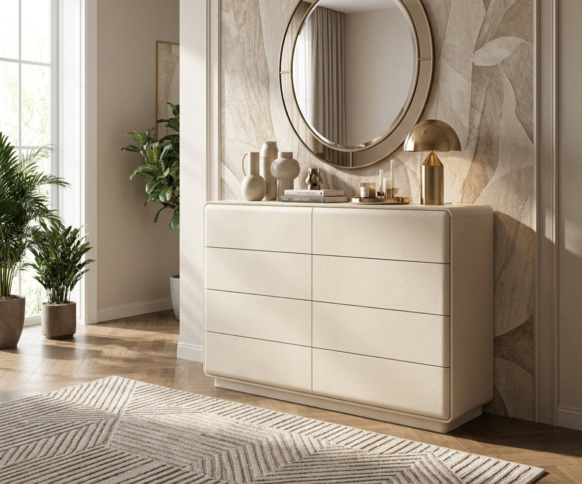 795 white drawer cabinet beneath a round mirror in a bright hallway