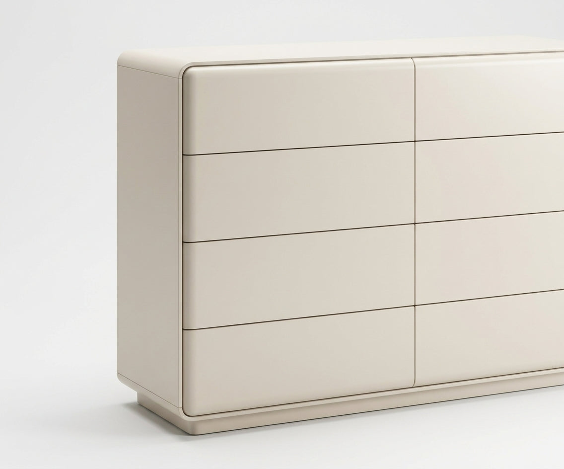 795 white drawer cabinet beneath a round mirror in a bright hallway
