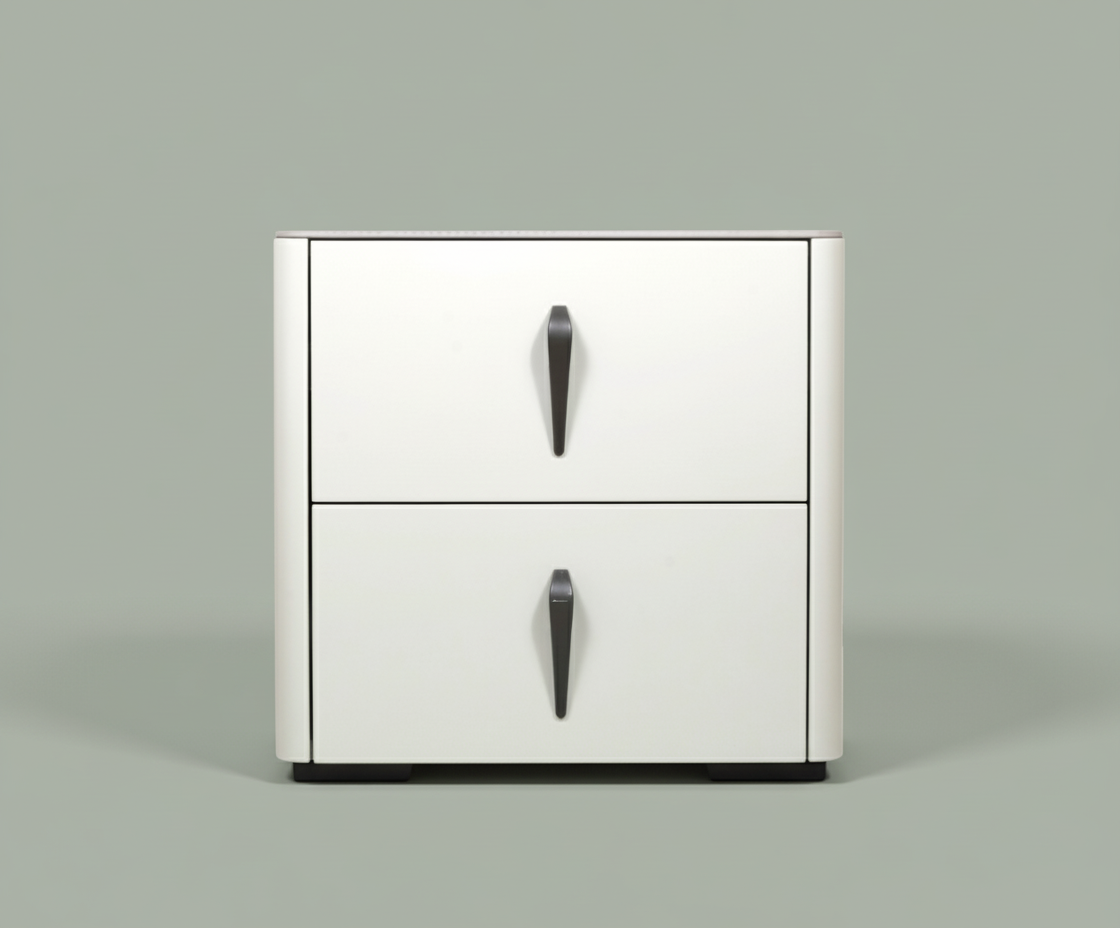 8# marble top nightstand, front view with tapered dark drop handles