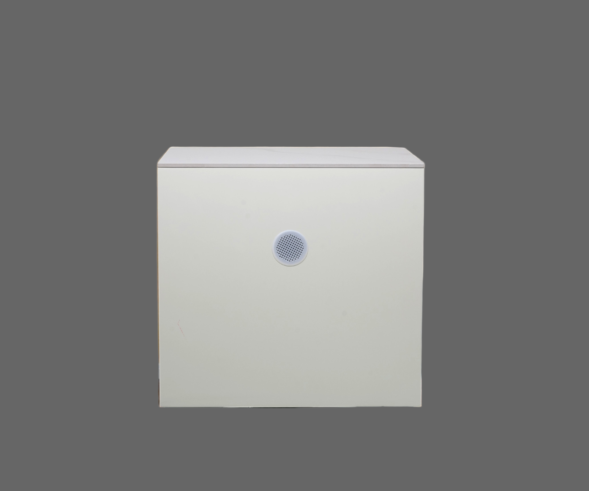 8# marble top nightstand, front view with tapered dark drop handles