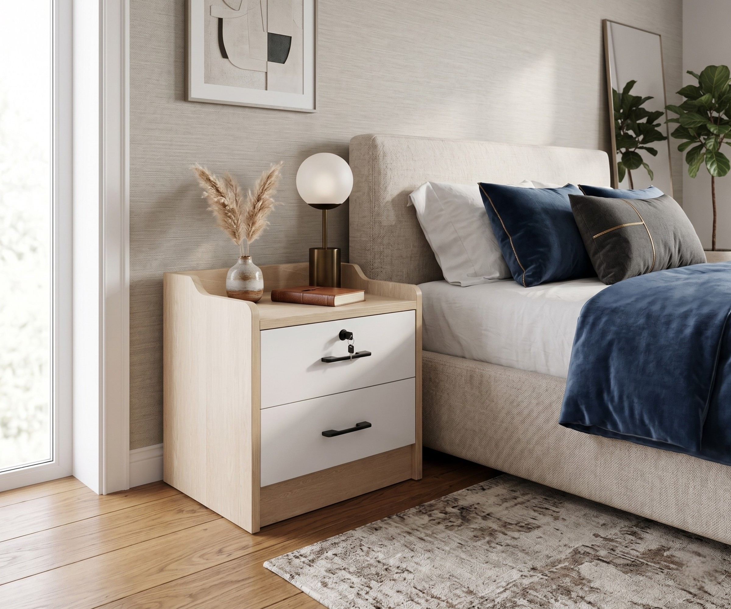 802 white bedroom nightstand in a bright bedroom beside a navy-accented bed