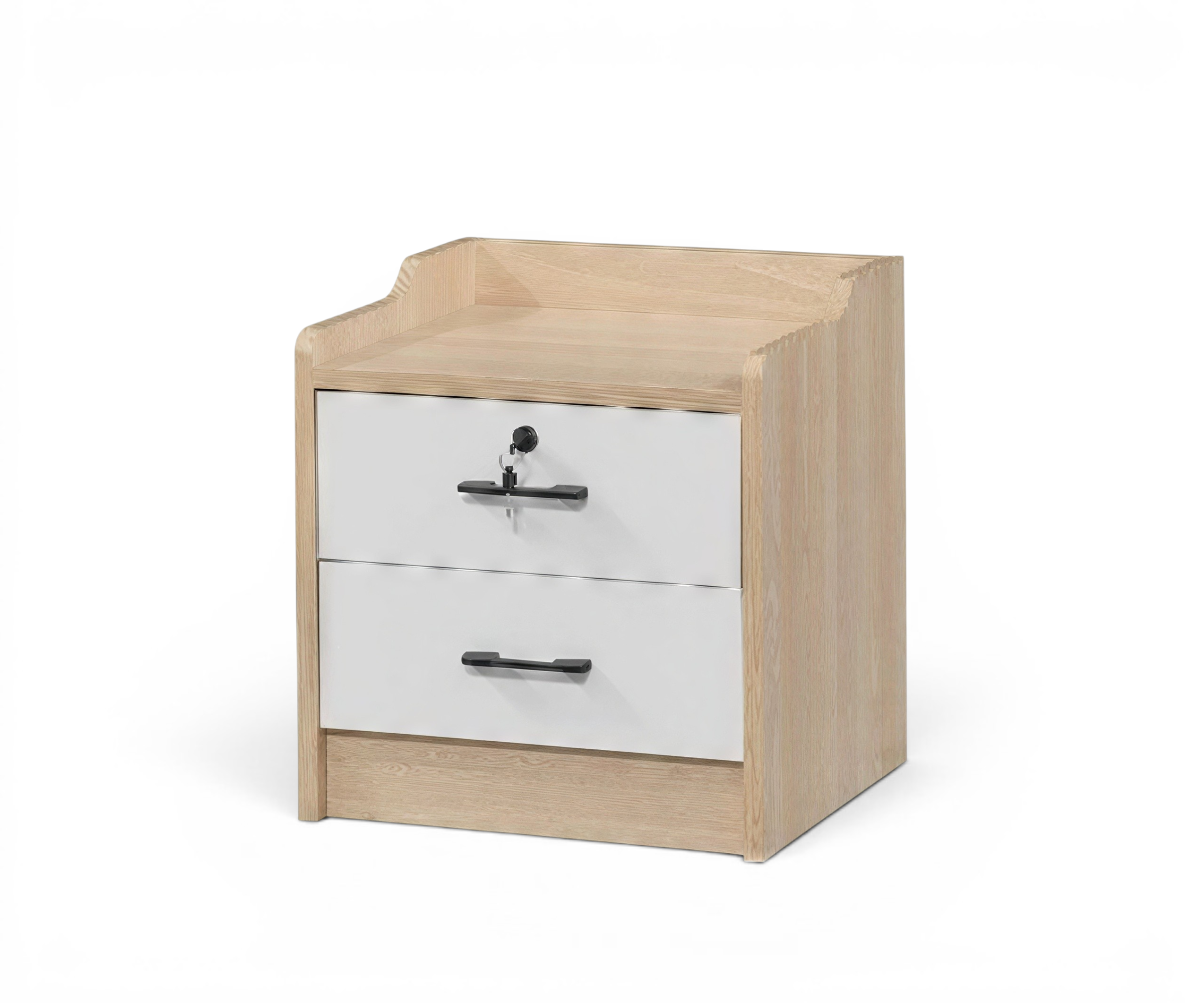 802 white bedroom nightstand in a bright bedroom beside a navy-accented bed