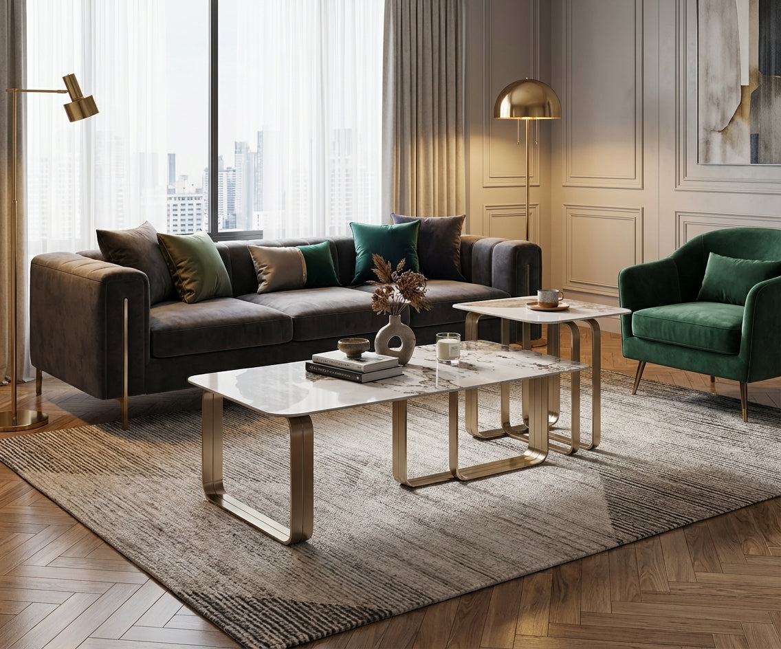 805+805B marble nesting set in a bright city-view living room
