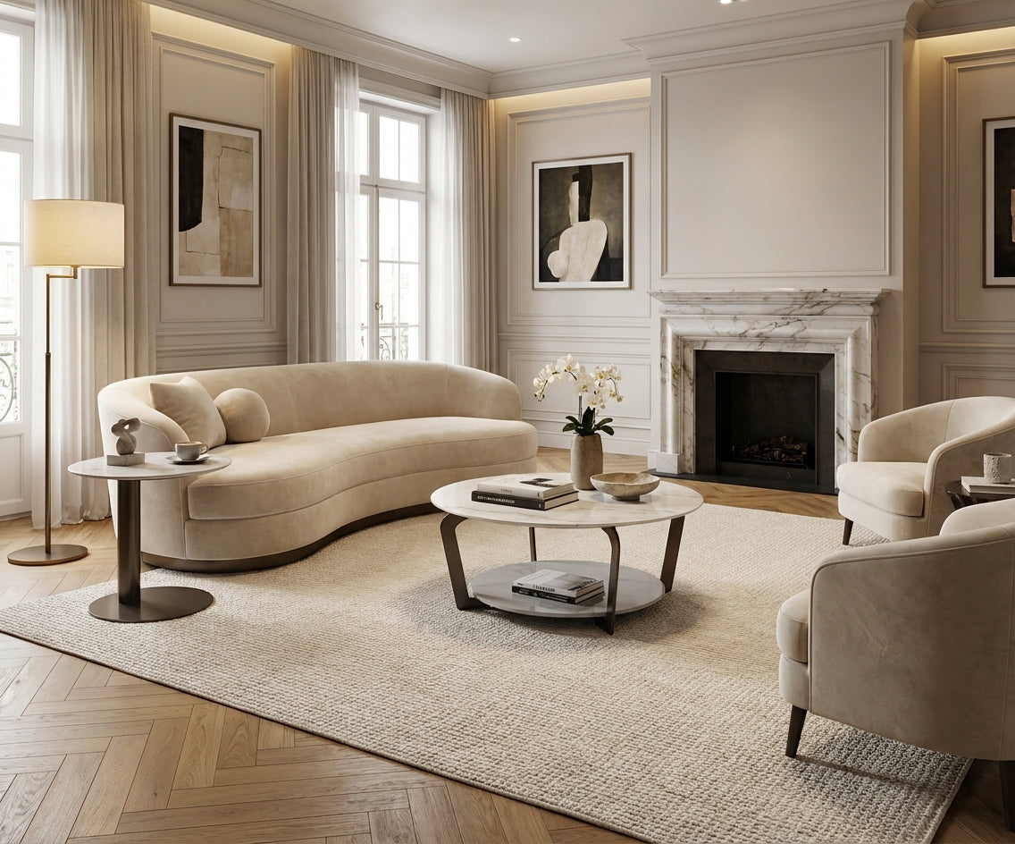 824 round marble set in a bright panelled room with a fireplace