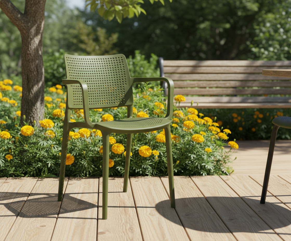 8339A perforated designer patio chair in olive, on a deck beside marigolds
