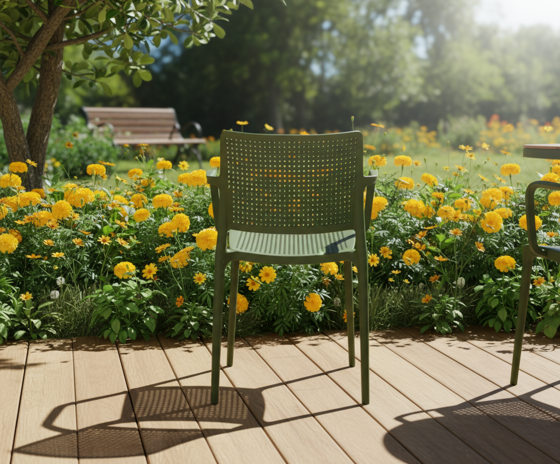 8339A perforated designer patio chair in olive, on a deck beside marigolds