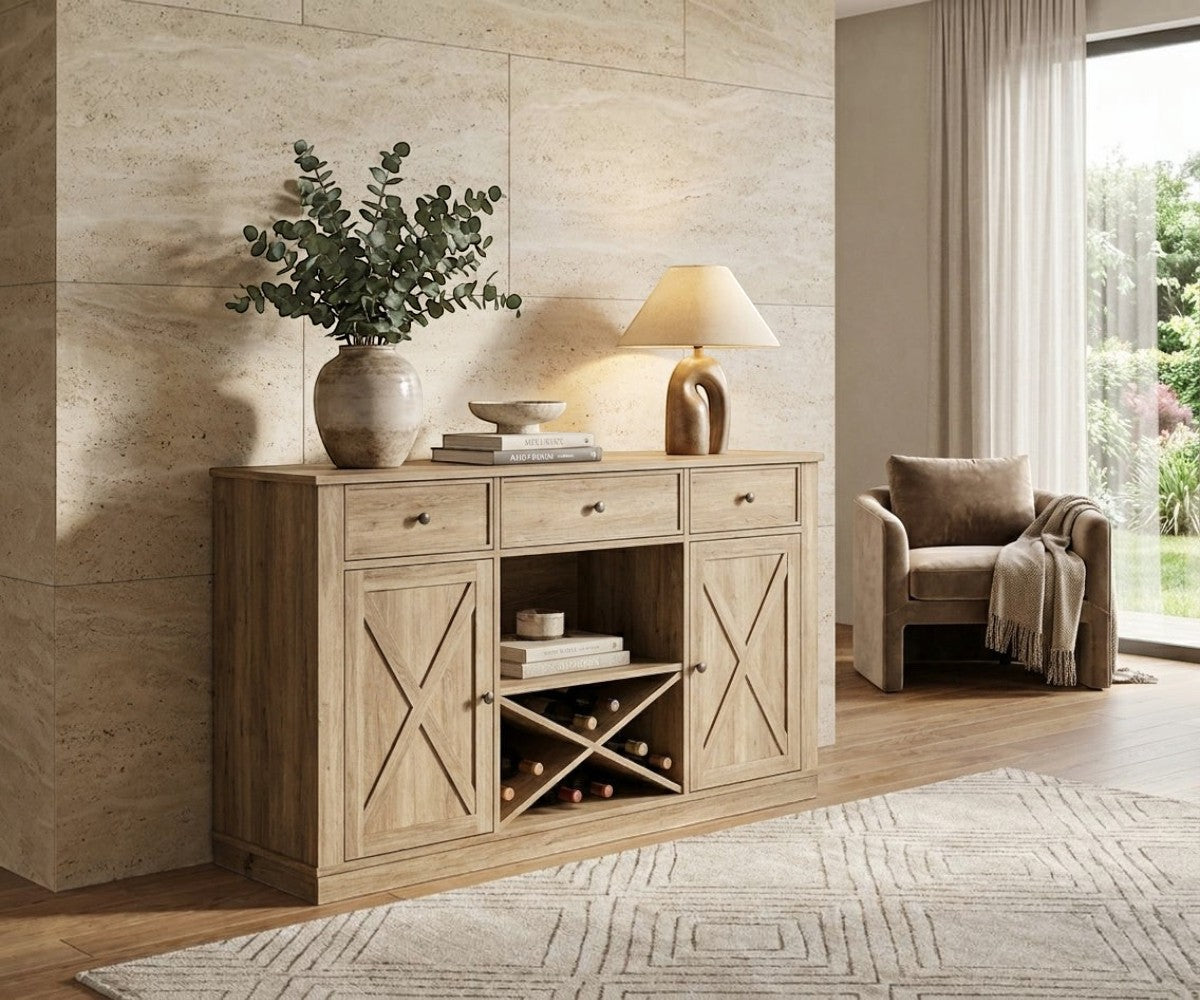 835-293 light wood cabinet with a wine rack in a bright living room