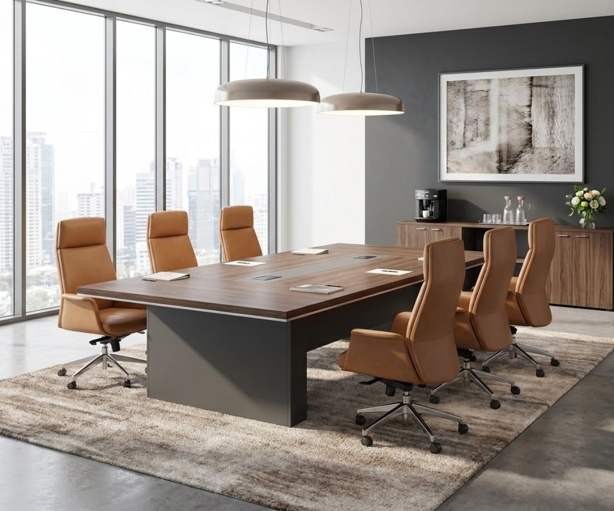86-32A,36A,48A walnut conference table with tan chairs in a city-view room
