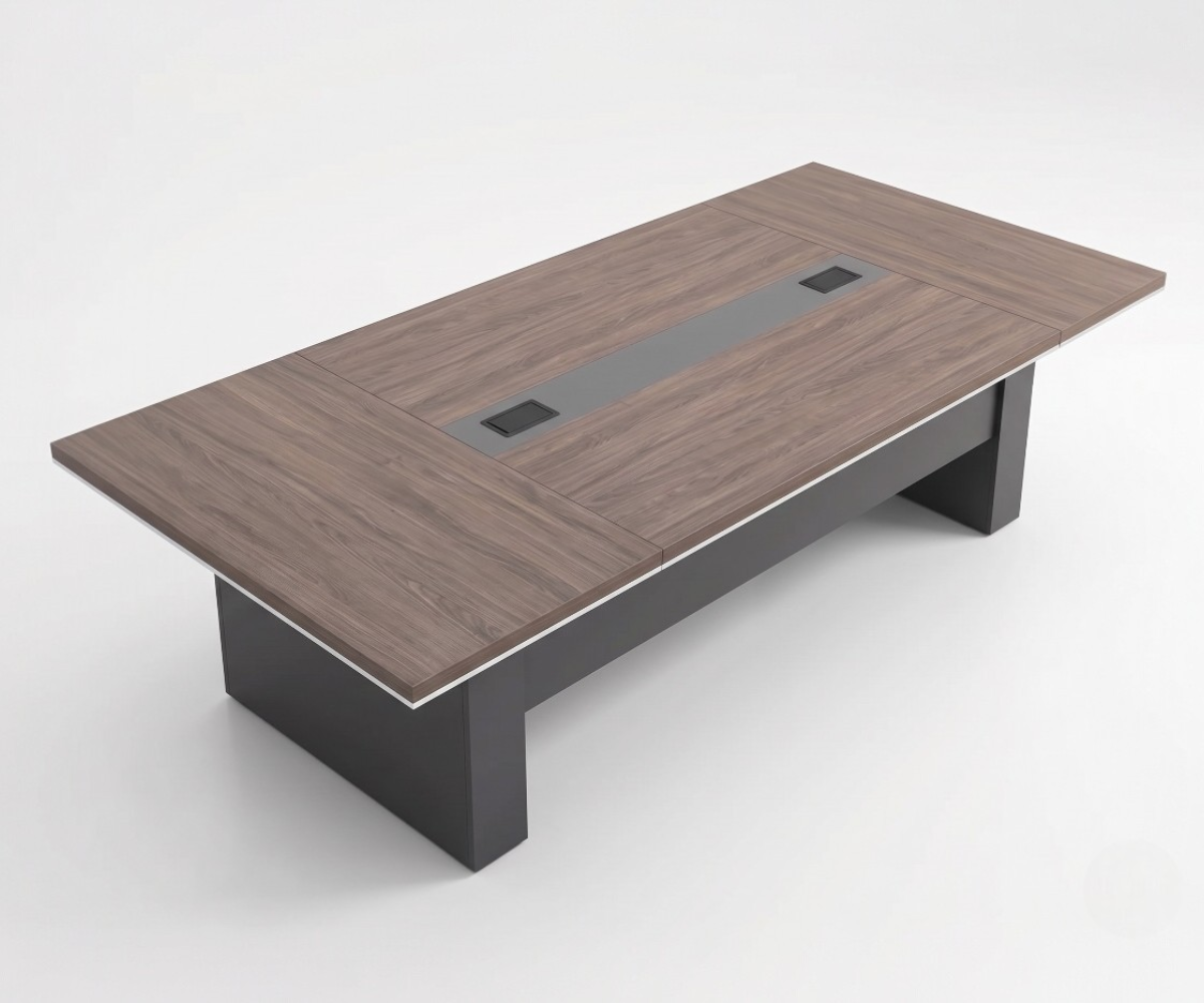 86-32A,36A,48A walnut conference table with tan chairs in a city-view room