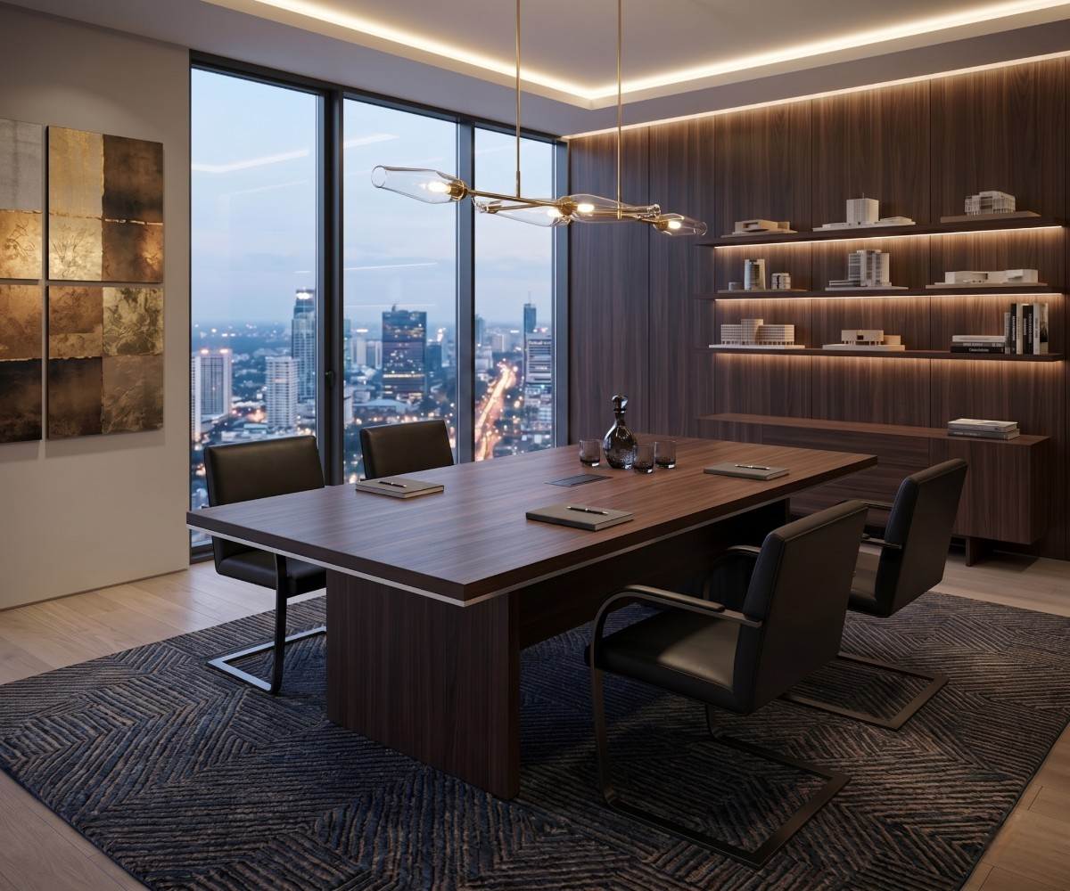 8624A walnut boardroom table with chairs in a city-view boardroom