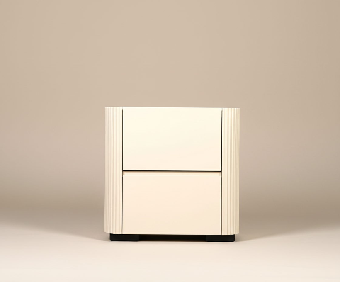 87# ivory fluted nightstand, front view of two drawers on a black plinth