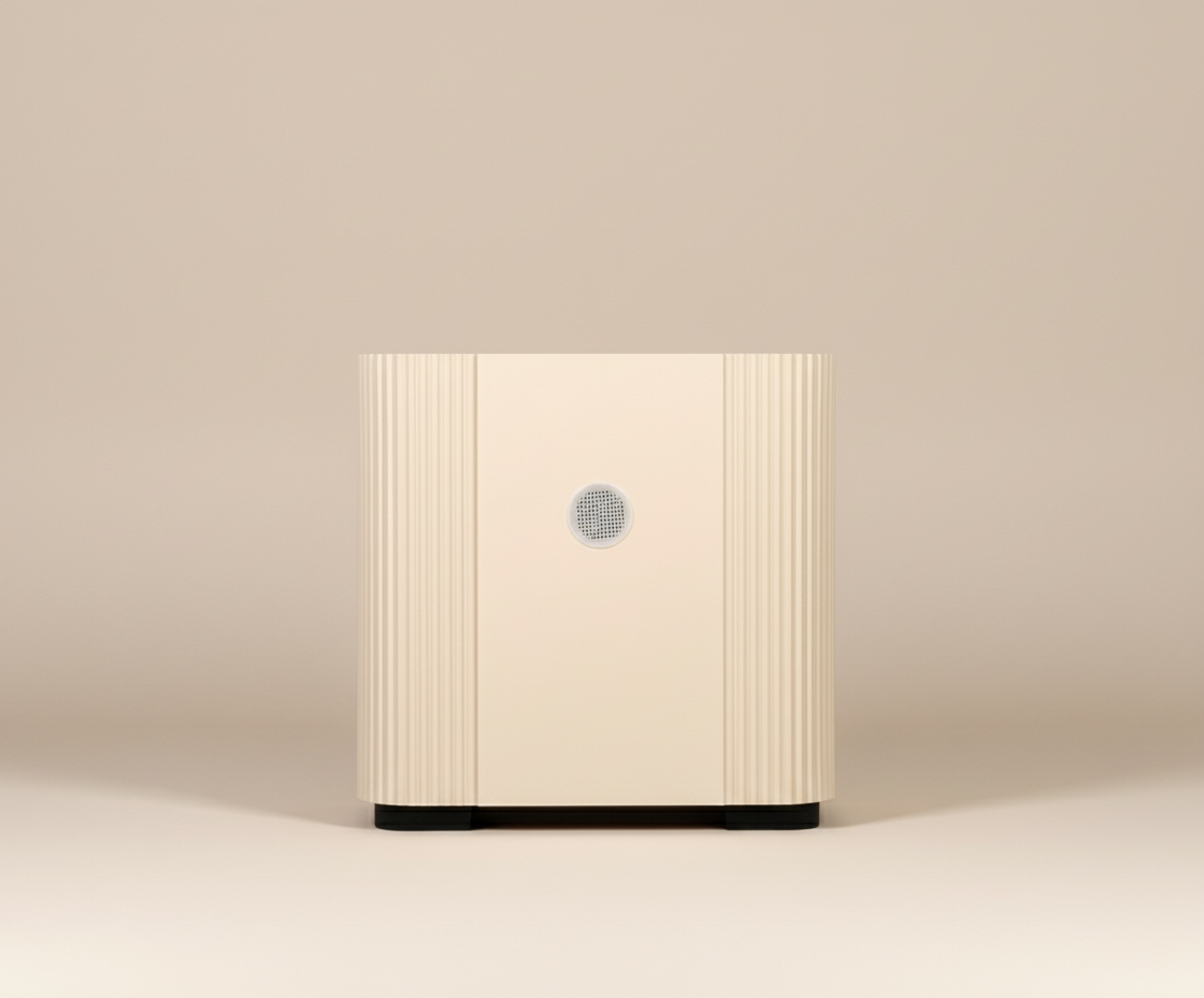87# ivory fluted nightstand, front view of two drawers on a black plinth