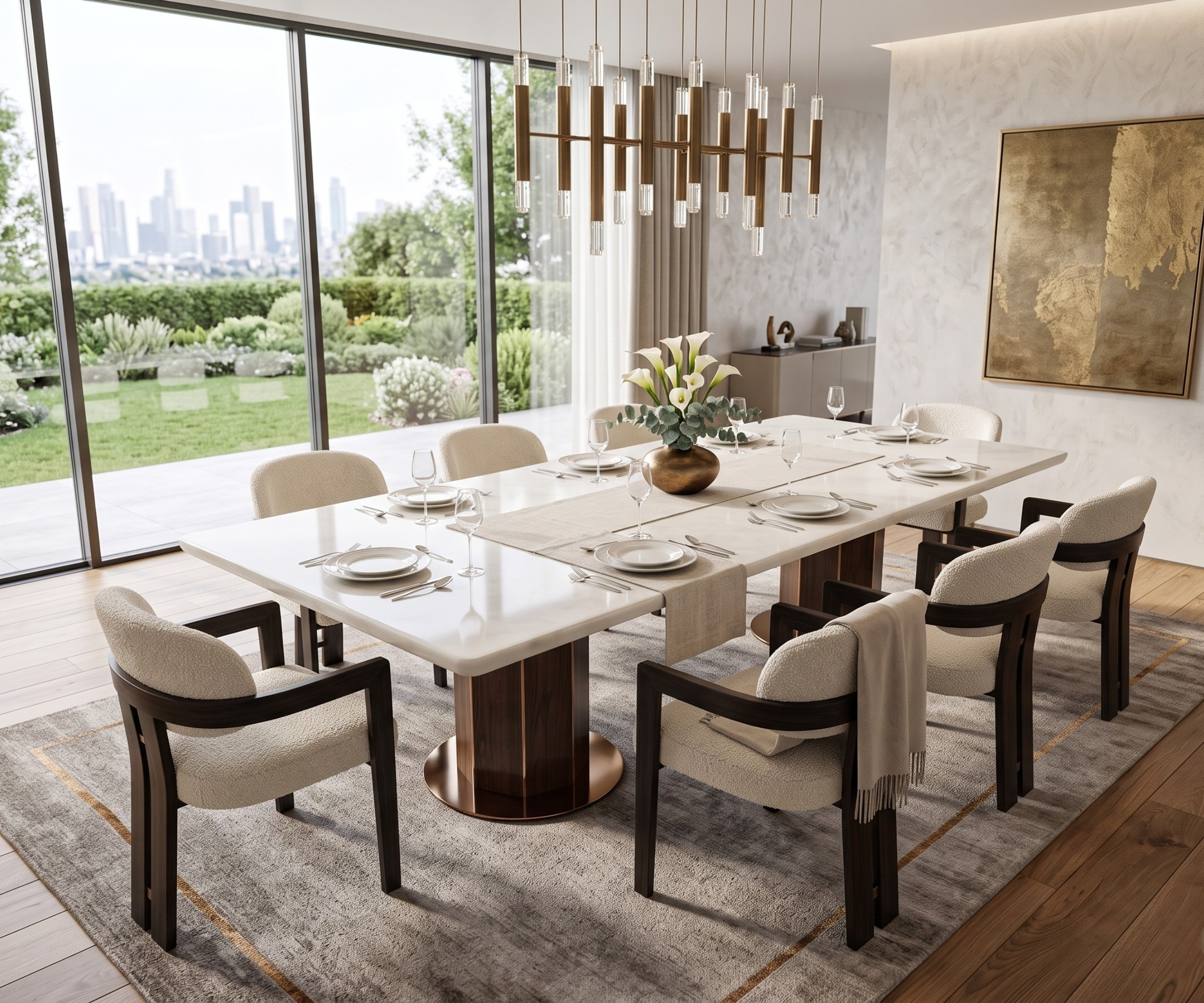 870/onyx dining table in a bright dining room with a garden view