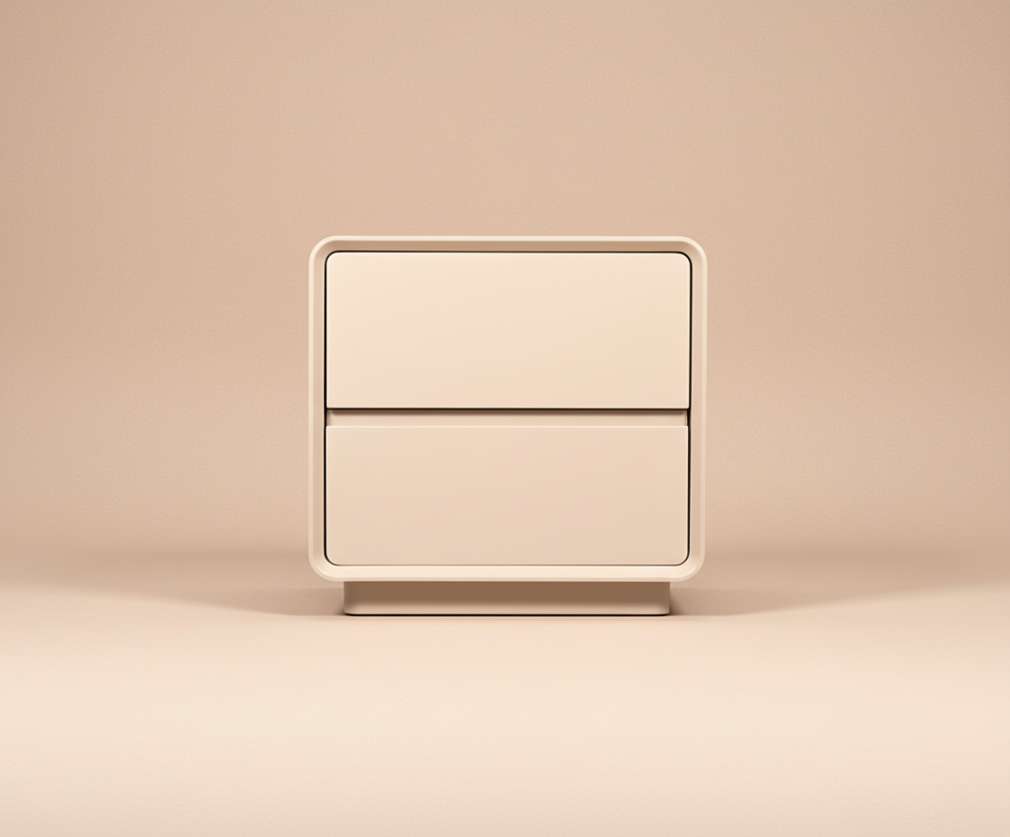 871 curved white nightstand, front view of two drawers on a plinth base