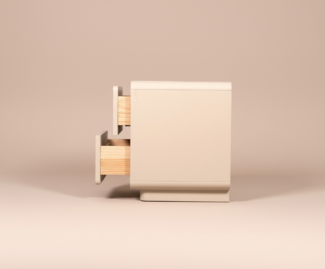 871 curved white nightstand, front view of two drawers on a plinth base