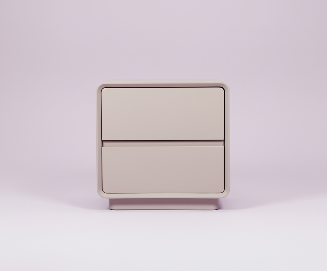 871 ivory drawer nightstand, front view of two drawers on a lilac backdrop