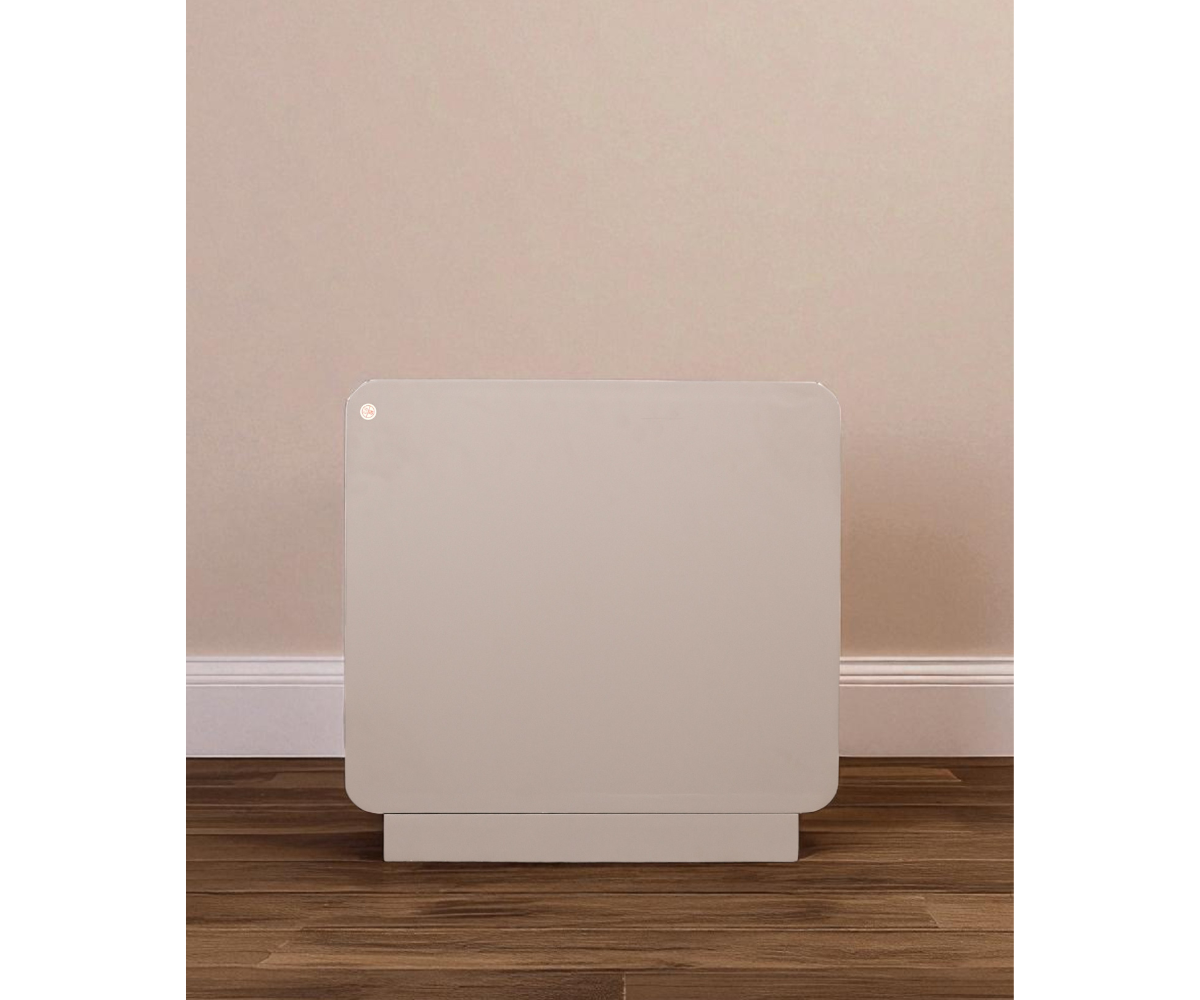 871 ivory drawer nightstand, front view of two drawers on a lilac backdrop