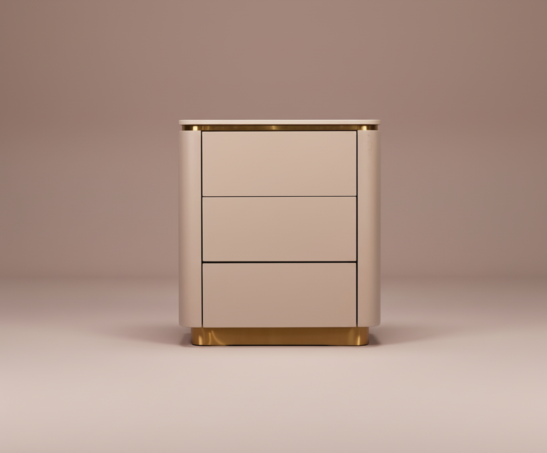 876 beige gold nightstand, front view of three drawers on a brass plinth