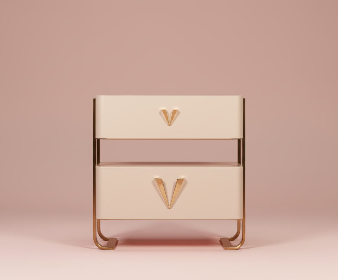 879 marble top nightstand, front view with brass V-shaped pulls and sled legs