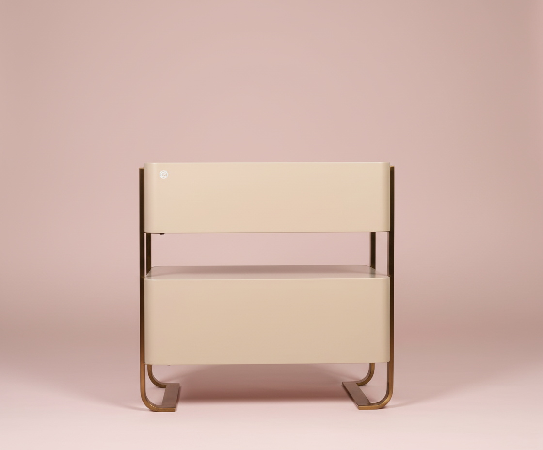 879 marble top nightstand, front view with brass V-shaped pulls and sled legs