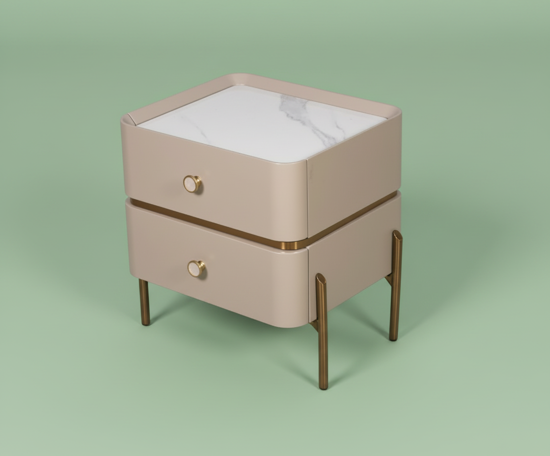 880 beige drawer nightstand, angled view with a marble top on brass legs