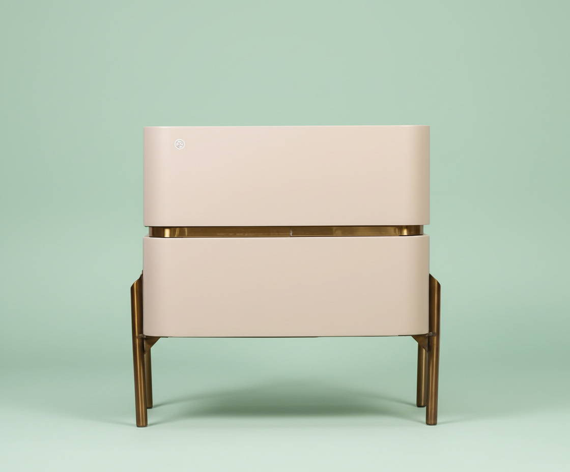 880 beige drawer nightstand, angled view with a marble top on brass legs