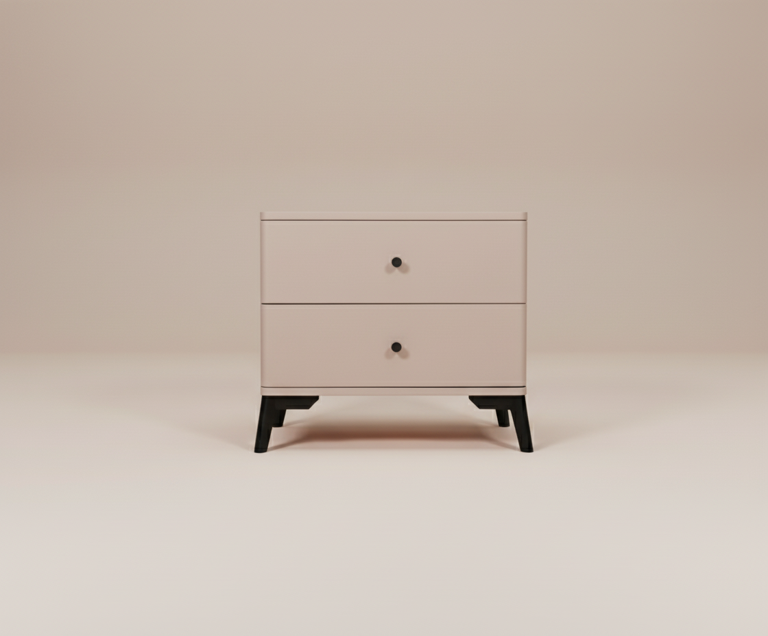 882 blush beige nightstand, front view of two drawers on black tapered legs