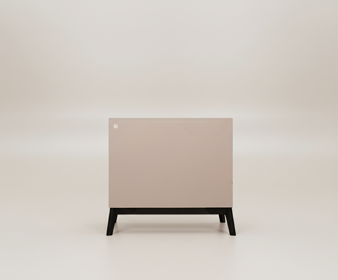 882 blush beige nightstand, front view of two drawers on black tapered legs