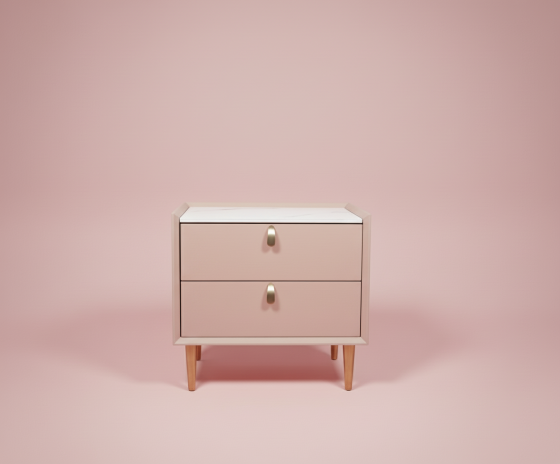 887 blush pink nightstand, front view with a marble top and brass pulls