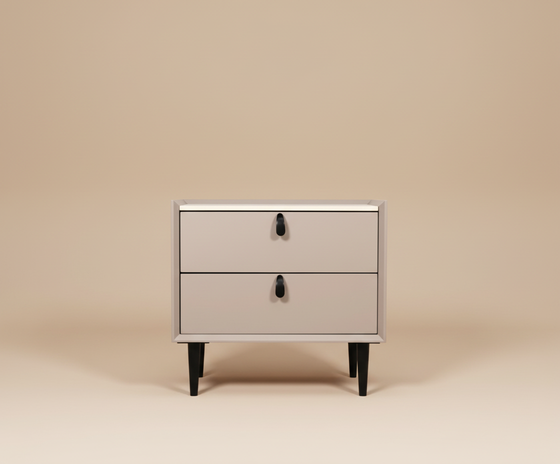 887 soft beige nightstand, front view with dark drop pulls on black legs