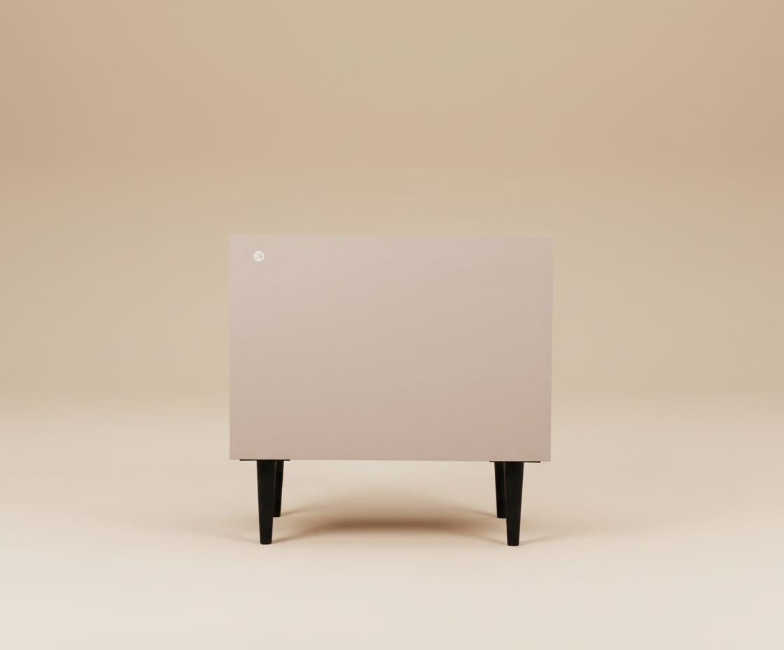 887 soft beige nightstand, front view with dark drop pulls on black legs