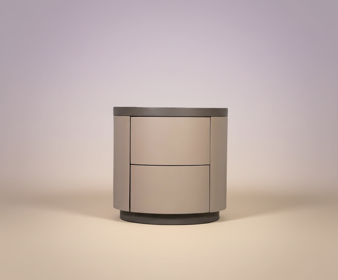 888 round beige nightstand, front view of an oval two-drawer cabinet