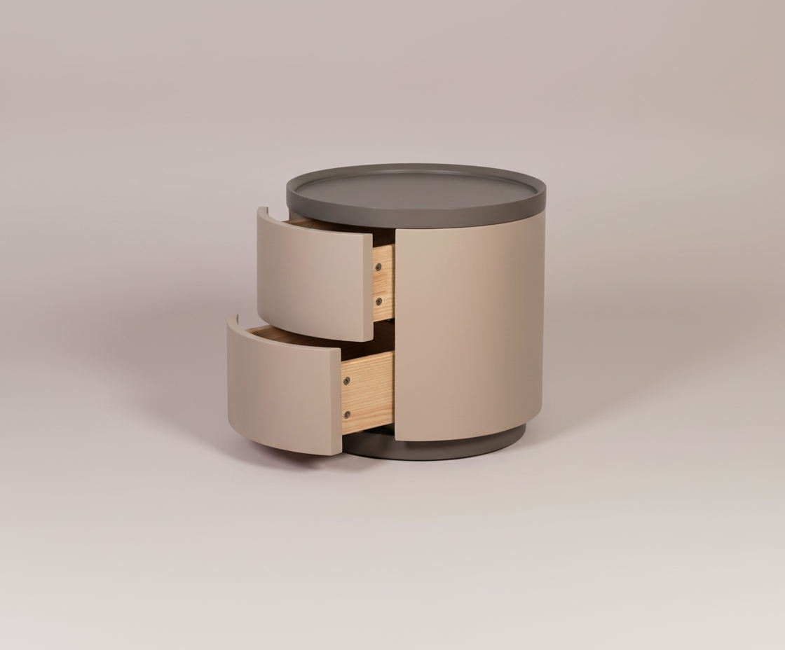 888 round beige nightstand, front view of an oval two-drawer cabinet