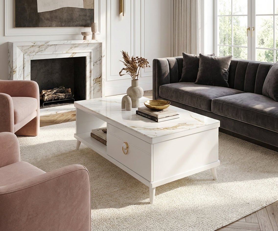 89-101 white marble table in a bright room with a marble fireplace