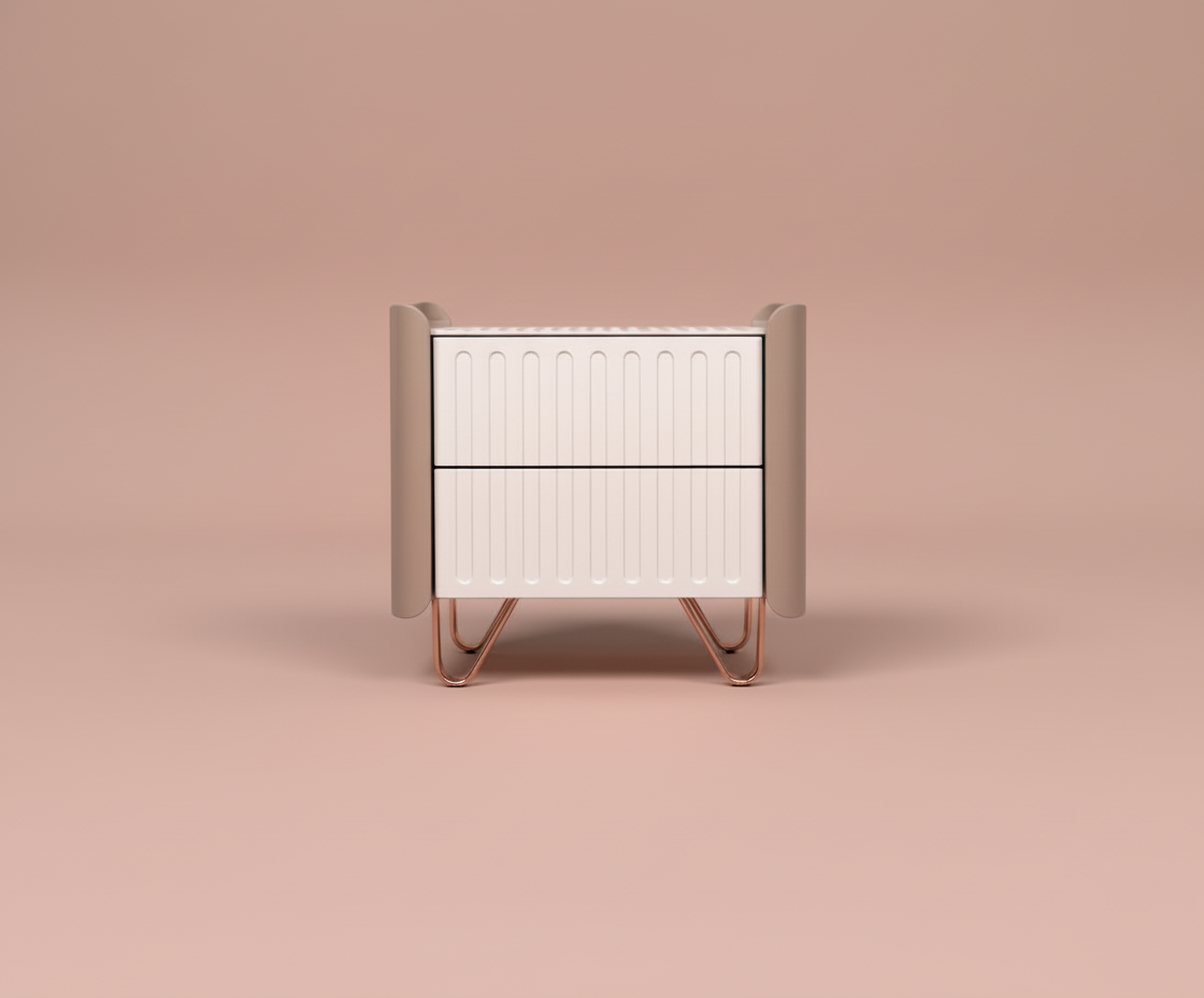 896 fluted beige nightstand, front view with brass sled legs