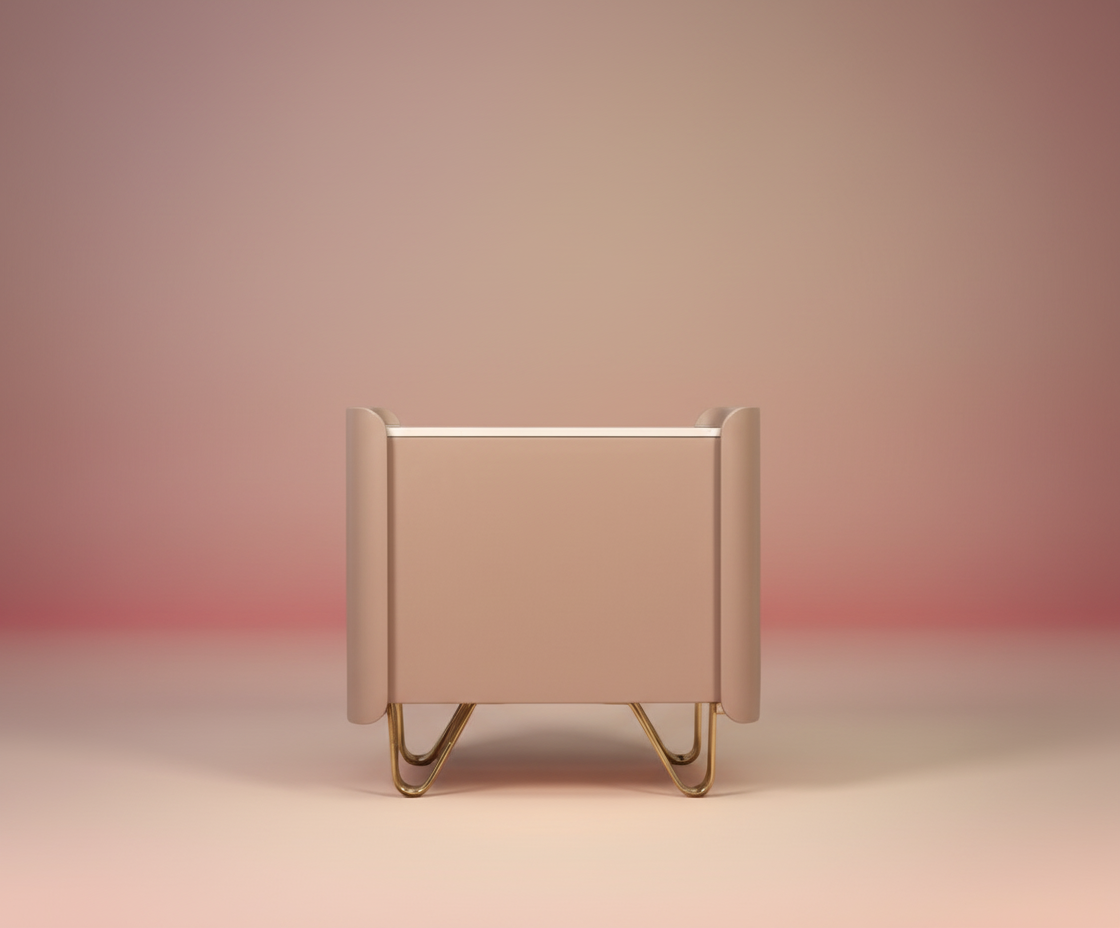 896 fluted beige nightstand, front view with brass sled legs