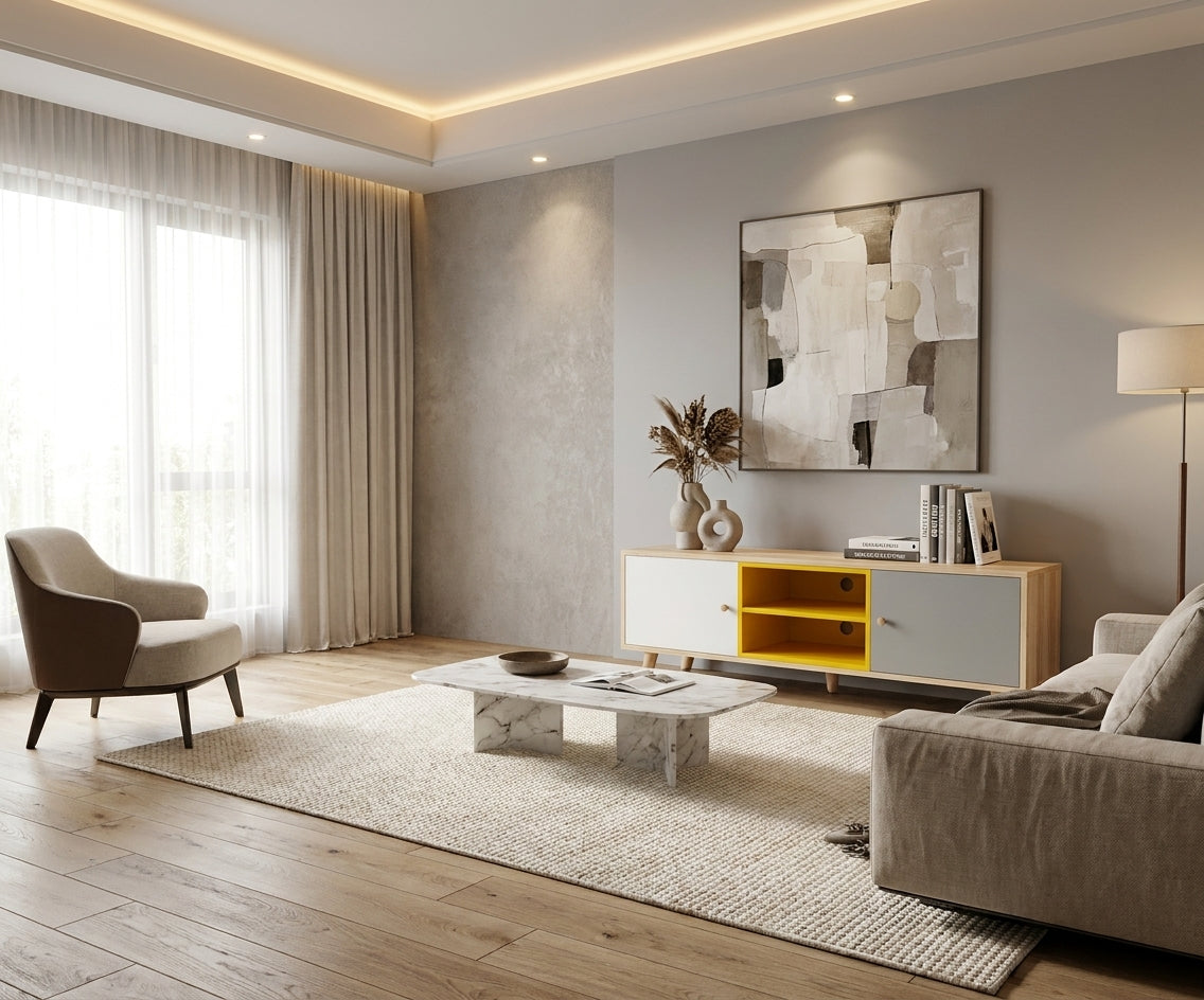902 minimalist slatted stand in a bright living room with a wall-mounted TV