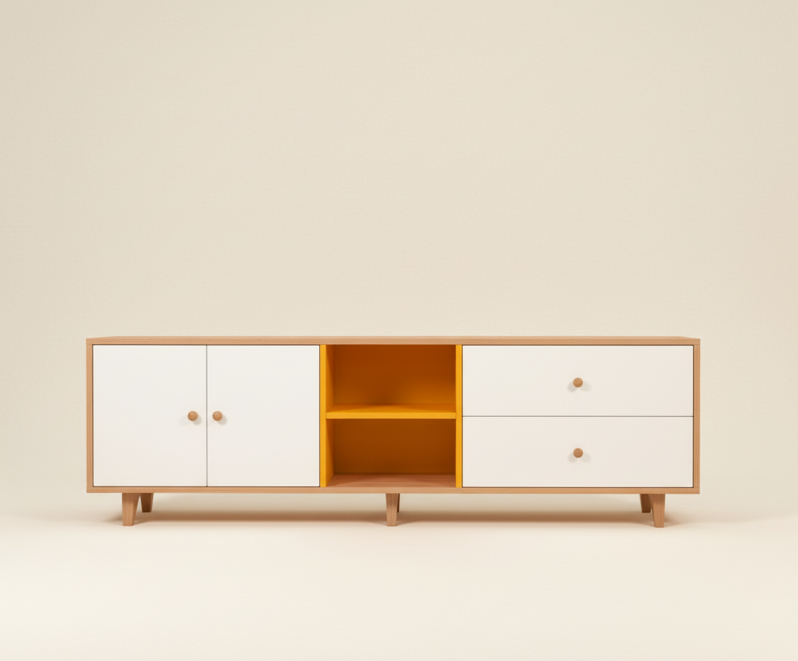 903 contemporary wood stand, front view with white doors and yellow shelf