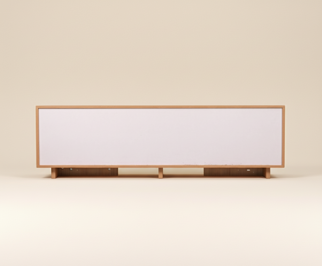 903 contemporary wood stand, front view with white doors and yellow shelf
