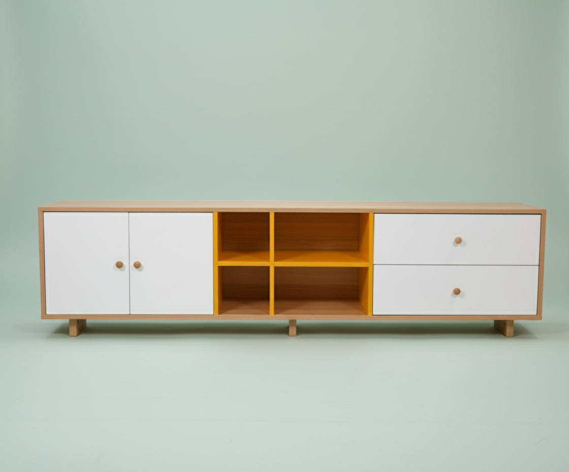 904 color block console, front view with white doors and yellow shelving