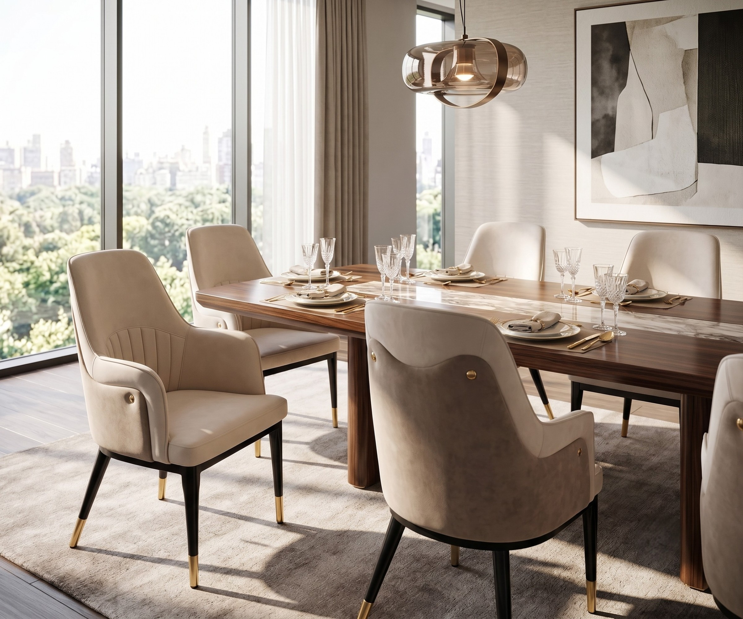 906 dining chair, around a walnut table in a city-view dining room