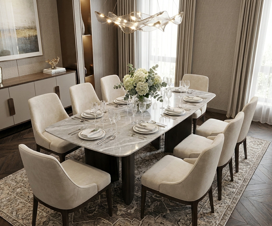 937 dining table in a warm dining room with eight cream velvet chairs