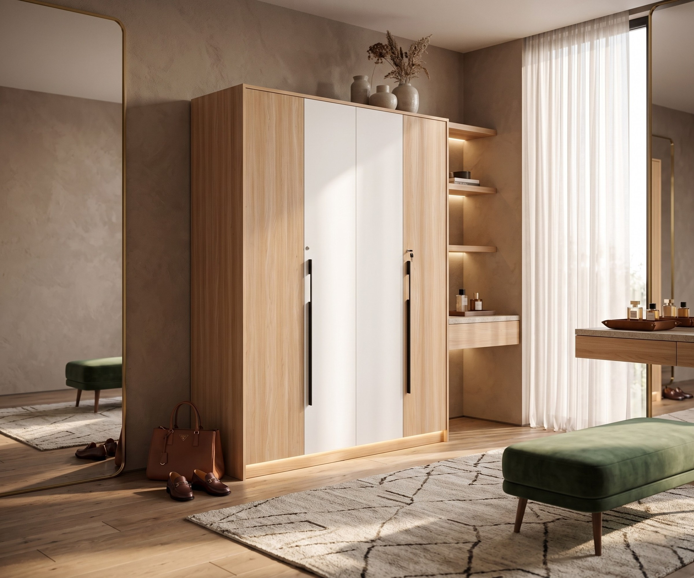 9802-4 modern wooden wardrobe in a warm dressing room with open shelving
