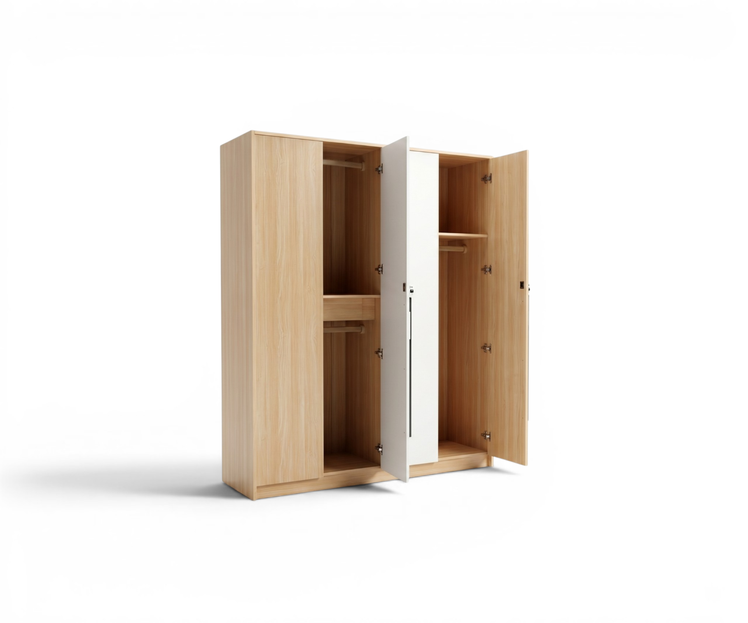 9802-4 modern wooden wardrobe in a warm dressing room with open shelving