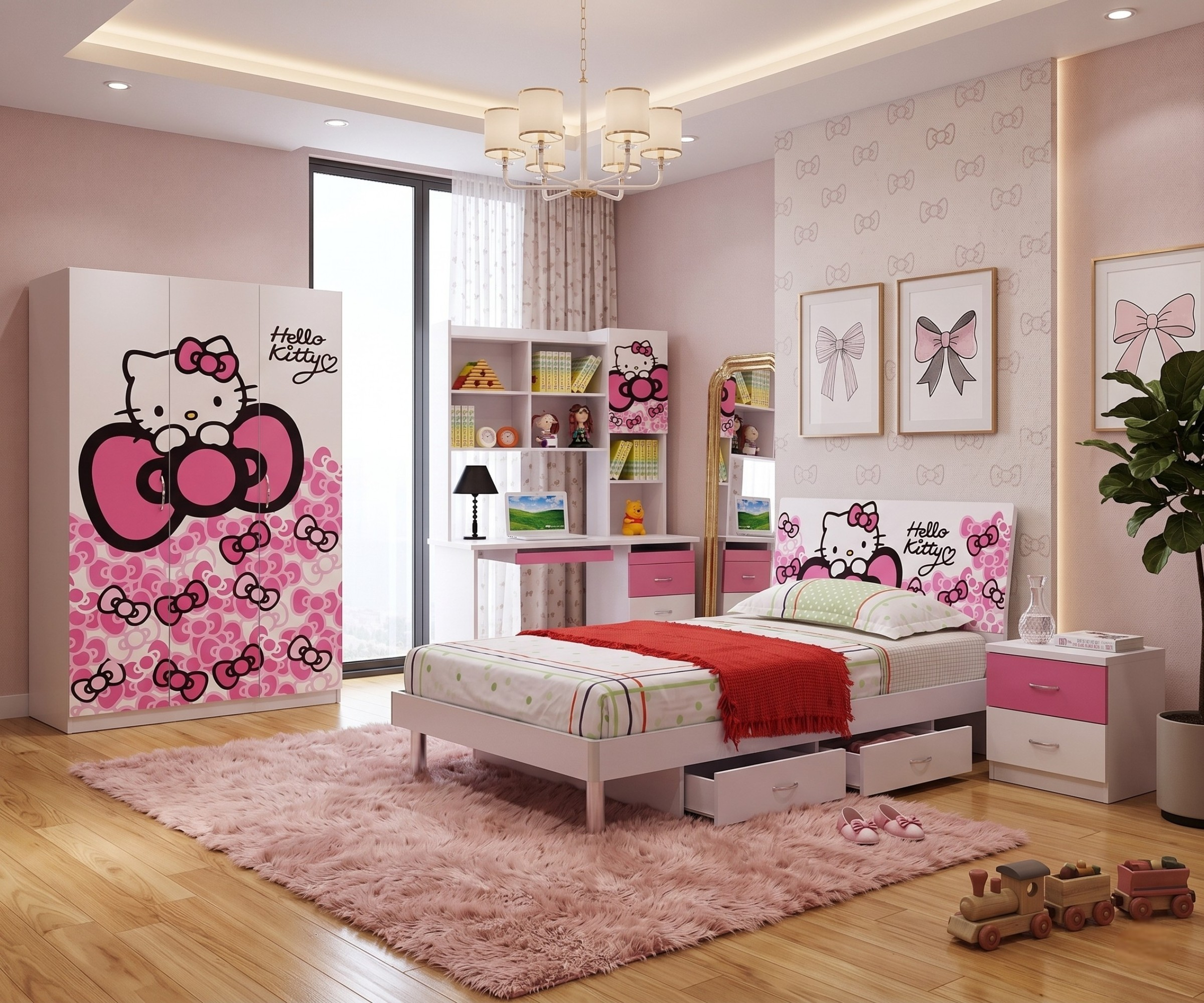 9986 Hello Kitty pink kids bedroom set staged in a pink room