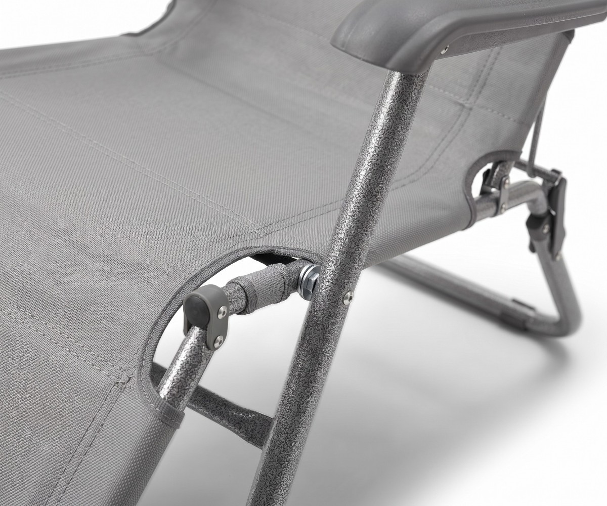 Grey folding recliner lounge chair with high backrest, armrests and extended footrest