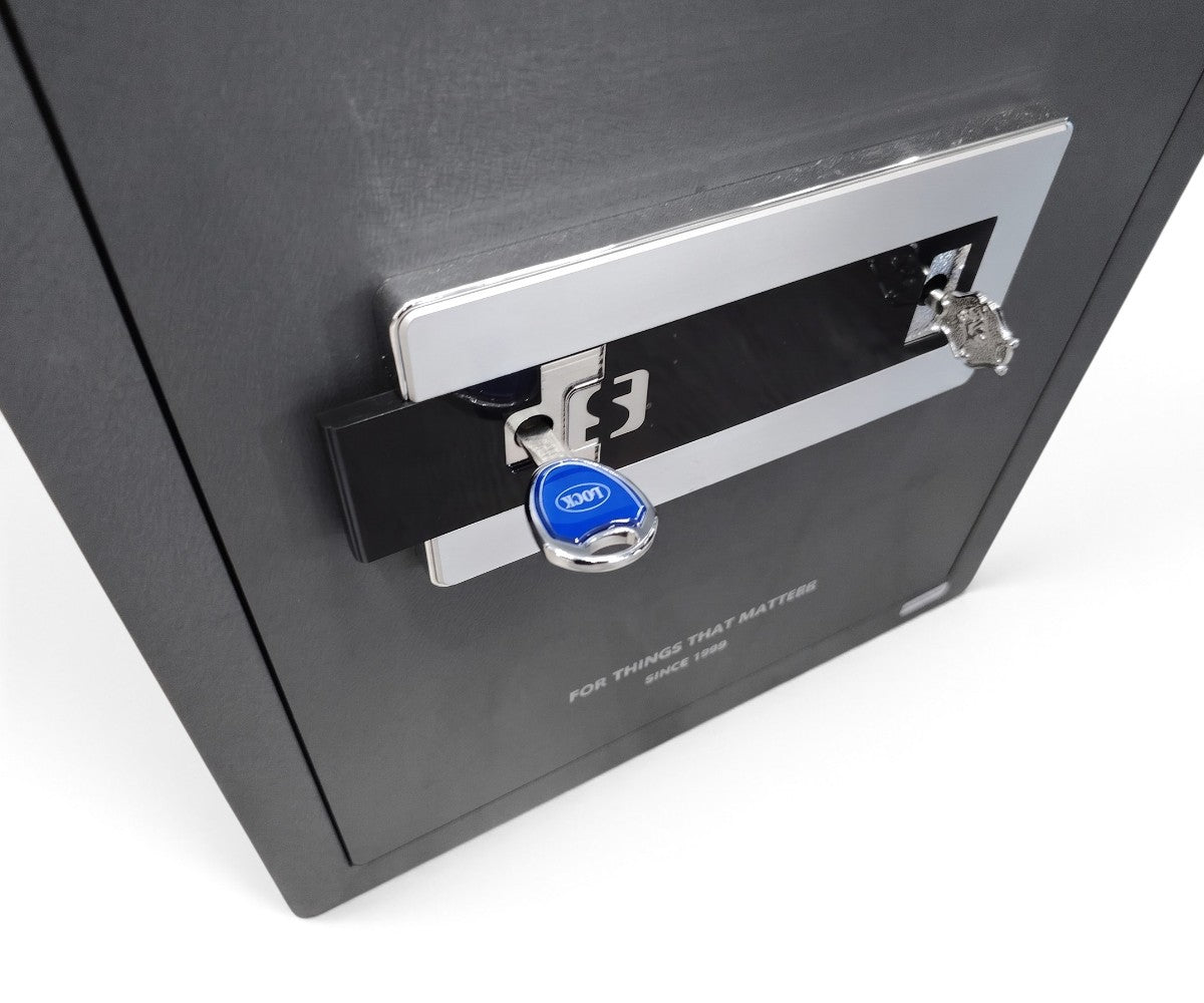 Grey alloy steel home safe with quilted door lining and key hooks